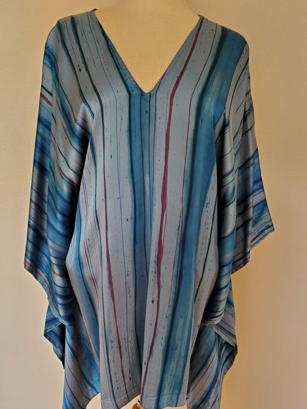 NEW Silk Caftan Kaftan top batwing shirt resort coverup M L XL blue black stripe